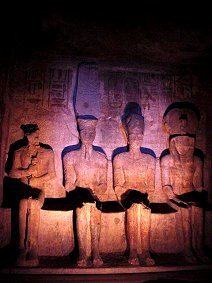 Ptah, Amun-Ra, Deified King Ramses II, and Ra-Harakhty. Abu Simbel Egypt Ruins Travels And Tours Photos, Pictures, Images, Descriptions, Information, & Reviews.