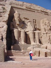 Audrey DeLange At The Colossi Of Ramses II or 2. Abu Simbel Egypt Ruins Travels And Tours Photos, Pictures, Images, Descriptions, Information, & Reviews.