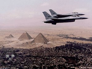 Two F-16's Over Cairo Near Giza. Egypt Air Travel. Travels & Tours. Pictures, Photos, Images, Descriptions, Information, & Reviews.