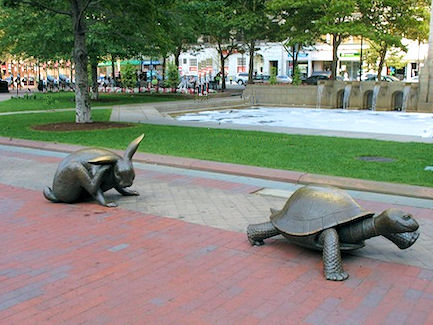 Copley Square Turtle And Hare Statues By Nancy Sch�n. Boston, Massachusetts. Travel, Tours Photos, Pictures, Information, & Reviews.