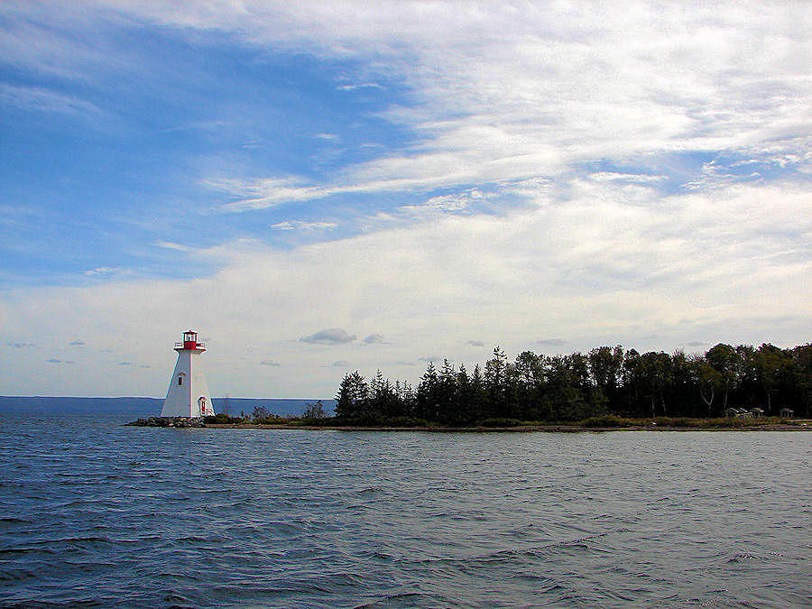 Kidston Island Light House; From The 'Amoeba' Port As We Sail The Bras D'or Lakes at Baddeck, Nova Scotia with Amoeba Sailing Tours. Travels, Tours, Photos, Pictures, Images, Information, & Reviews.
