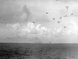 USS Wasp, Hit & Splashing Zero. Photo Taken From USS Cabot,  Aircraft Carrier, WW II, Pictures, Photos, Images, Information, History, & Reviews.