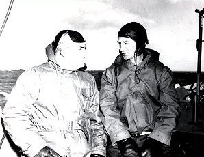 Ernie Pyle Visiting With The 'Skipper' or Captain, Walton Wiley Smith Of  The USS Cabot,  Aircraft Carrier, WW II, Pictures, Photos, Images, Information, History, & Reviews.