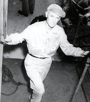 Ernie Pyle Walking Up Onto The USS Cabot,  Aircraft Carrier, WW II, Pictures, Photos, Images, Information, History, & Reviews.