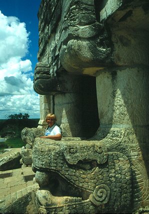 Audrey DeLange At The Great Ball Courts Upper Temple Of The Jaguar. Chichen Itza Archaeological Ruins,  Yucatan Peninsula, Yucatn, Mexico. Travel & Tour Pictures, Photos,  Information, Images, & Reviews.