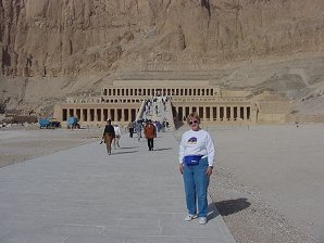 Audrey DeLange At Temple Of Mentuhotep. Dier El-Bahari or Deir el-Bahri. Funeral Temple of  Queen Hatshepsut. Qina, Egypt. Travel Tour Pictures, Photos, Images, Descriptions, Information, & Reviews.