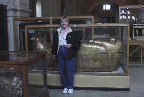 Audrey DeLange At The Gilted Sarcophagus. The Egyptian Museum. Cairo Egypt. Travels & Tours. Pictures, Photos, Images, Descriptions, Information, & Reviews.
