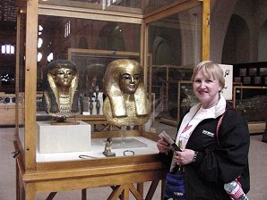 Audrey DeLange With Funeral Masks. Egyptian Museum. Cairo, Egypt. Travels & Tours. Pictures, Photos, Images, Descriptions, Information, & Reviews.