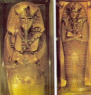 Gold Coffin Surrounded Tut. Pharaoh King Tut  Ankh Amun (Tutankhamun), Travels, Tours, Pictures, Photos, Images, Description, Information, & Reviews.