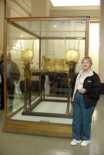Audrey DeLange With Sacred Cow Hathor With Solar Disk, Funeral Couch. Pharaoh King Tut  Ankh Amun (Tutankhamon), Travels, Tours, Pictures, Photos, Images, Description, Information, & Reviews.