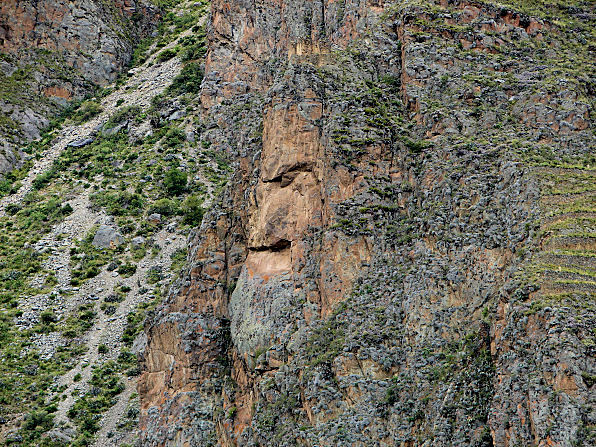 Close Up Of The God Tunupa Overlooking The City Of Ollantaytambo And The Water Temple. Peru. Travels And Tours Photos, Pictures, Images, & Reviews.